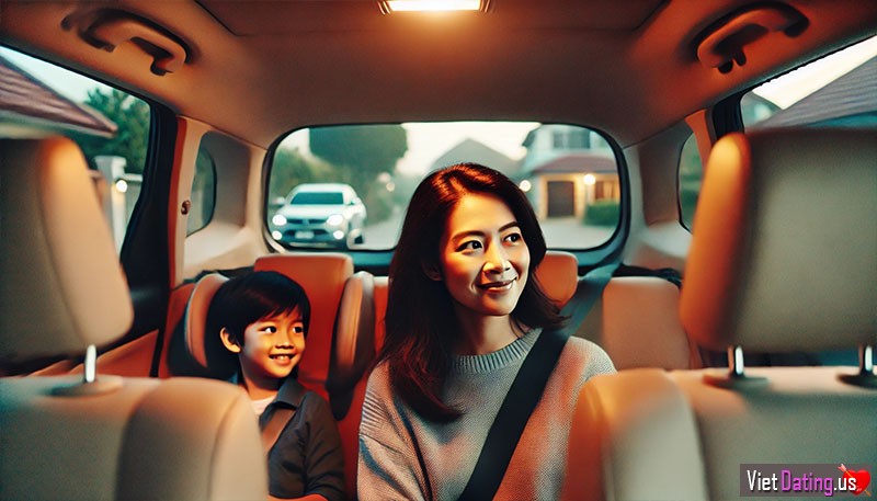 Vietnamese woman with kid in a car